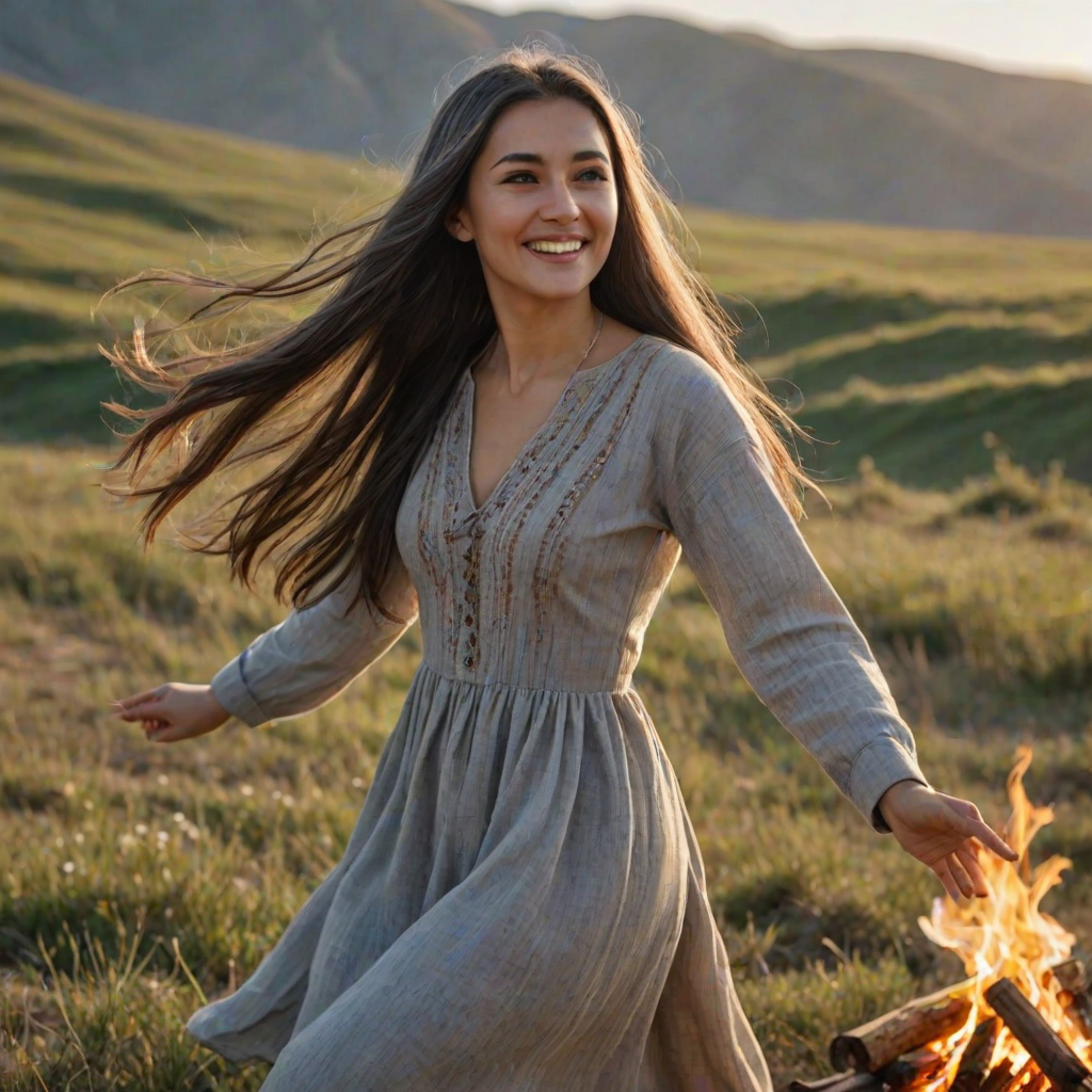 ultrarealistic, Delightful Tajik woman, pirouette on her head, gray hair, long straight hair, she is wearing Spring clothes, the sun gently illuminates her hair. Ultrarealistic skin, stands in the meadow, 1 girl, age - about 33 years old, swarthy complexion, ultrarealistic skin, smiles gently, stands near the campfire. She looks sexy