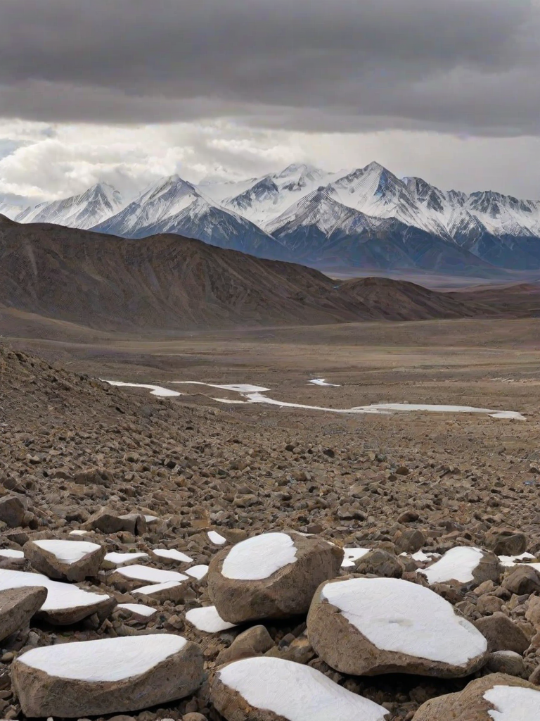 a panoramic view of snow-capped mountains under a cloudy sky, with a rocky foreground and barren landscape