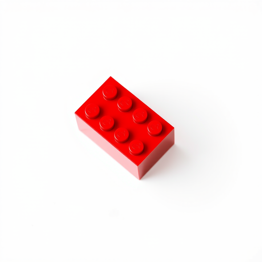 High-resolution image of a red LEGO brick on a white background, taken with a DSLR camera, using a 50mm lens, f/2.8, ISO 100, soft lighting, overhead view, focused on sharp detail and vibrant color.