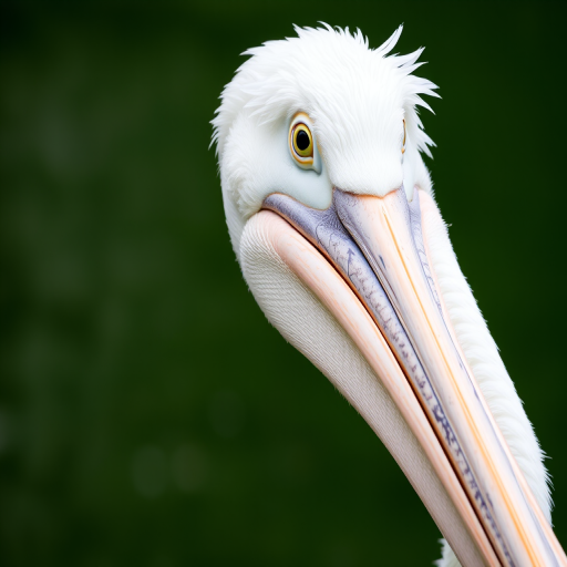 a close-up of a white pelican with a textured beak and plumage, set against a blurred green background
