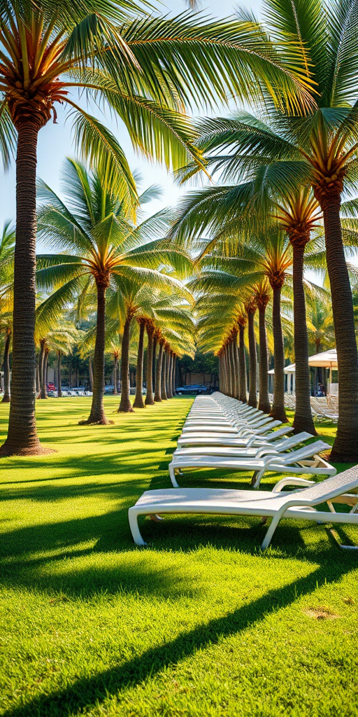lush green lawn with lined sun loungers under palm trees, bright sunny day, shallow depth of field, aperture f/2.8, ISO 100, 24mm lens, DSLR camera, vibrant colors, soft lighting