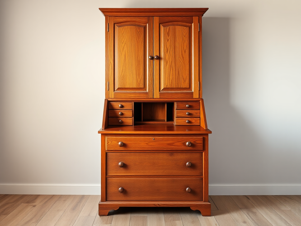 Create a high-quality image of a wooden secretary desk with an upper cabinet and lower drawers, shot with a DSLR camera at f/8, ISO 100, 1/125 sec, with a 50mm lens in a well-lit studio environment to enhance clarity and detail.