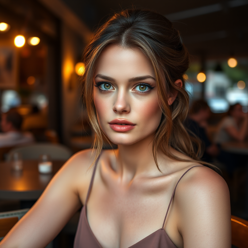photo of young [woman:angelina jolie:0.4], highlight hair, sitting outside restaurant, wearing dress, rim lighting, studio lighting, looking at the camera, dslr, ultra quality, sharp focus, tack sharp, dof, film grain, Fujifilm XT3, crystal clear, 8K UHD, highly detailed glossy eyes, high detailed skin, skin pores