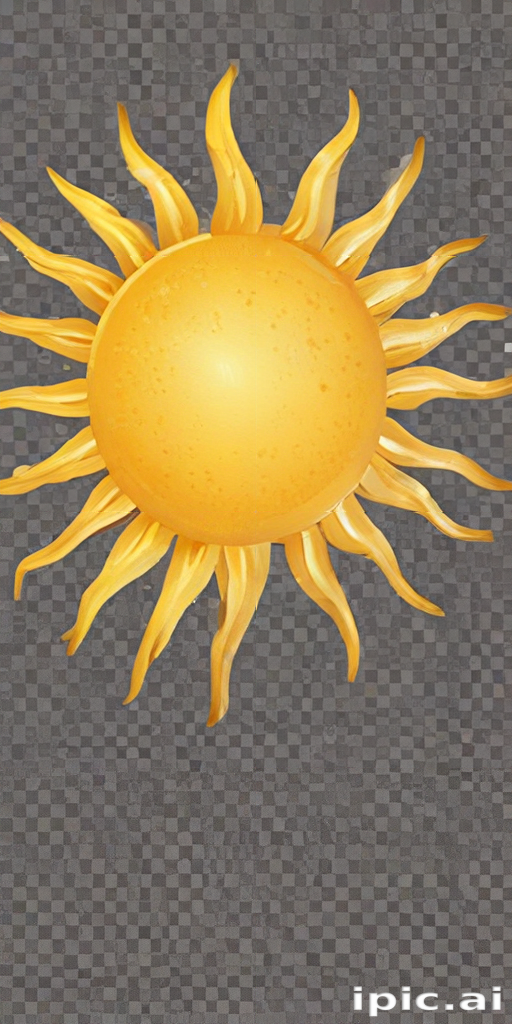 Bright Yellow Sun with Radiating Rays Against a Transparent Gray Background