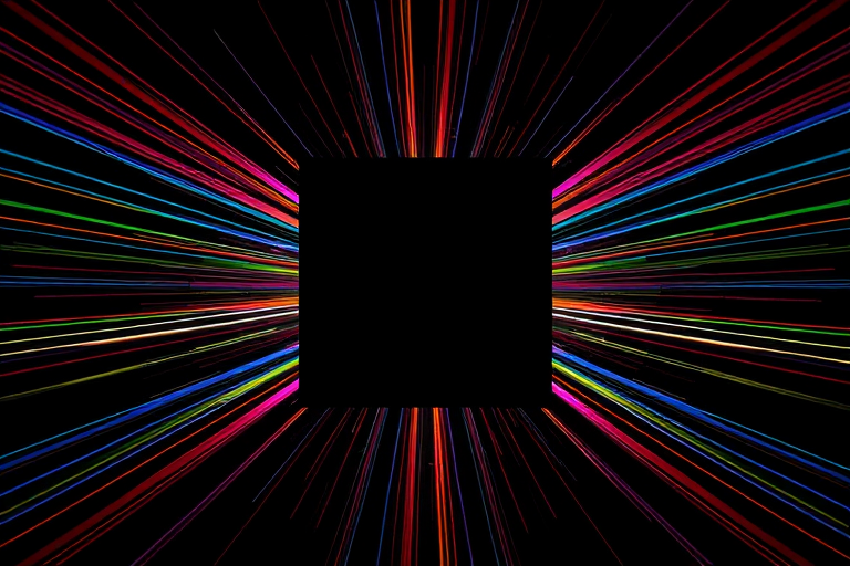 Create an abstract image featuring a central blank square with vibrant, colorful streaks radiating outward from the edges against a black background, captured with a DSLR camera at f/2.8, ISO 100, 1/60 sec, using a wide-angle lens for enhanced depth and clarity.