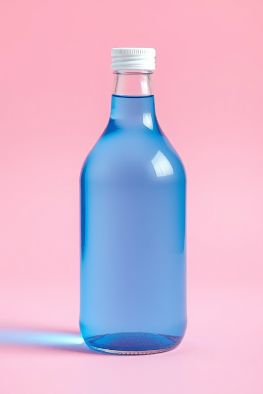 Create a highly detailed and vibrant vector illustration of a blue liquid-filled bottle on a pastel pink background, using a Canon EOS R5 camera with a 50mm f/1.2 lens, aperture set at f/8, ISO 100, and natural soft lighting to achieve a clean and crisp image quality.