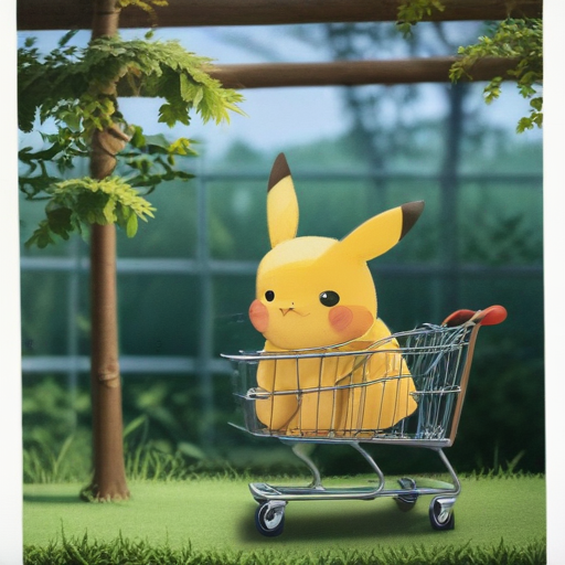 anime pikachu with a shopping cart green forest background with fruit
