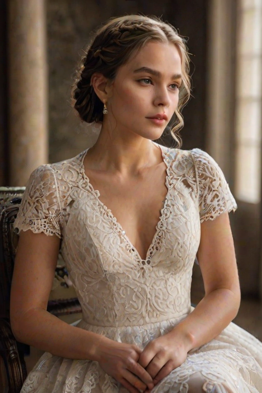 Create a portrait of a refined and elegant woman seated in a sophisticated setting. She has long, wavy hair styled in two thick braids that are pulled over her shoulders. She wears a white, lace gown with intricate patterns, featuring a deep V-neckline and short sleeves. The dress exudes a vintage charm with its delicate lacework. She is adorned with ornate, dangling earrings that add a touch of glamour to her appearance. The background is softly lit, with warm, ambient lighting that creates a cozy and inviting atmosphere. Her expression is poised and serene, capturing a sense of grace and elegance.