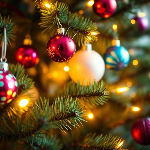 Create a cozy and festive image of a Christmas tree adorned with colorful ornaments and twinkling lights. Focus on the warm glow of the lights reflecting off the ornaments, with a rich green backdrop of pine needles. Capture the essence of holiday cheer and warmth.