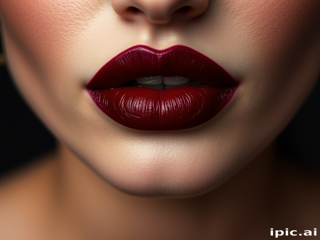 Seductive woman lips painted in deep burgundy matte, rich and velvety texture, slightly parted, exuding mystery and allure