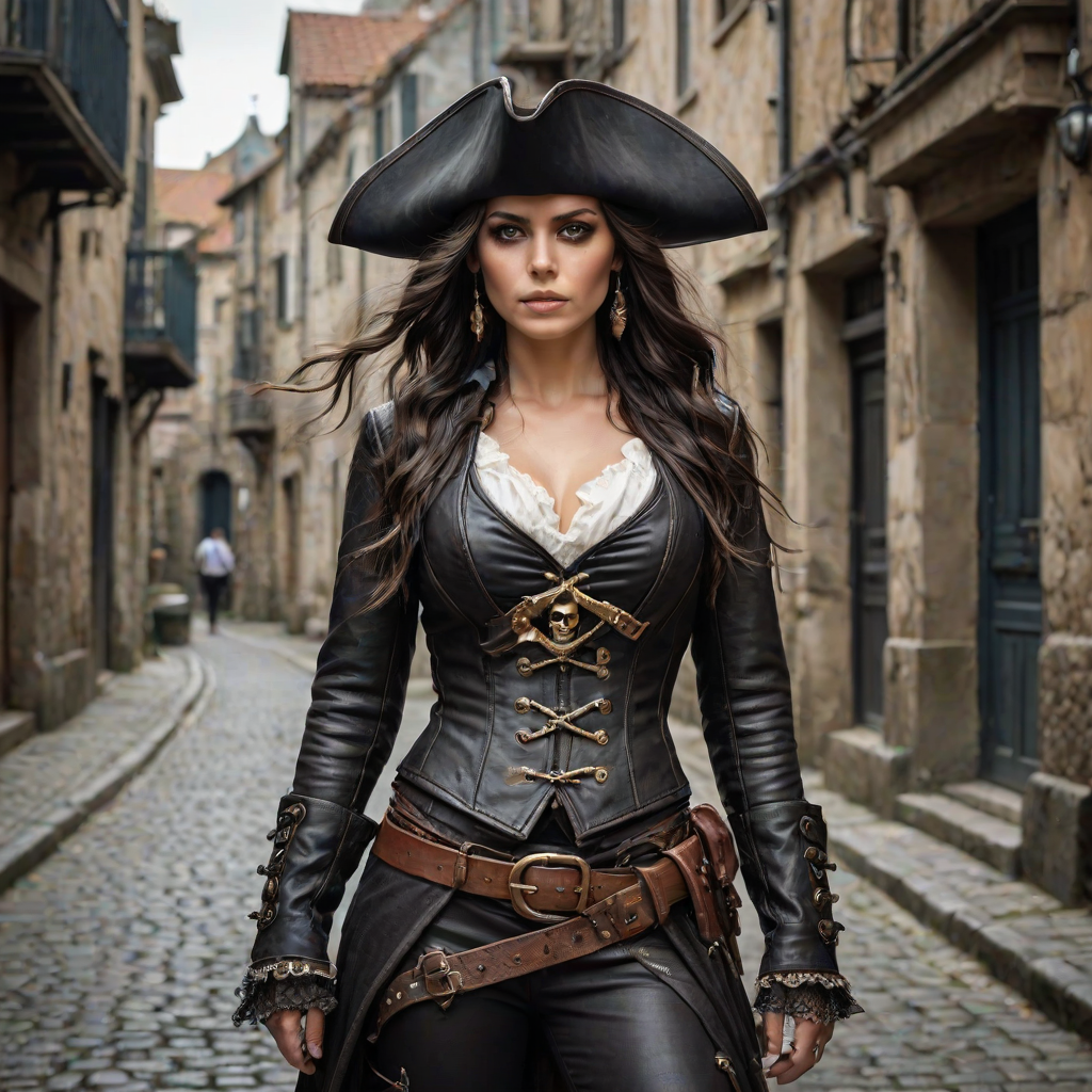 Create a portrait of a fierce female pirate. She wears a leather tricorn hat adorned with a skull and crossbones emblem, and her long, dark hair flows around her face. Her outfit consists of a richly detailed leather jacket, a corset, and multiple layers of belts and accessories, giving her a formidable and stylish appearance. She stands confidently in a dimly lit, historic port town, with a backdrop of weathered buildings and cobblestone streets, capturing the adventurous spirit of a pirate.