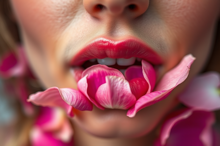 Close-up portrait of a woman's lips covered in floral petals, vibrant colors, soft focus background, f/2.8 aperture, 50mm lens, ISO 100, natural light, macro photography.