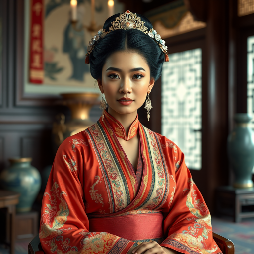 A beautiful Afro-Caribbean woman in traditional East Asian attire, intricately detailed with embroidered patterns, sitting gracefully in a richly decorated room, soft ambient lighting, serene and elegant, ultra-realistic, 8K resolution