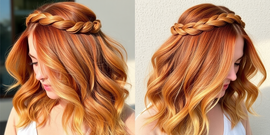 Warm copper penny hues blend into golden honey tones, styled in loose, tousled waves with a braided crown, creating the sun-drenched "Harvest Glow" look