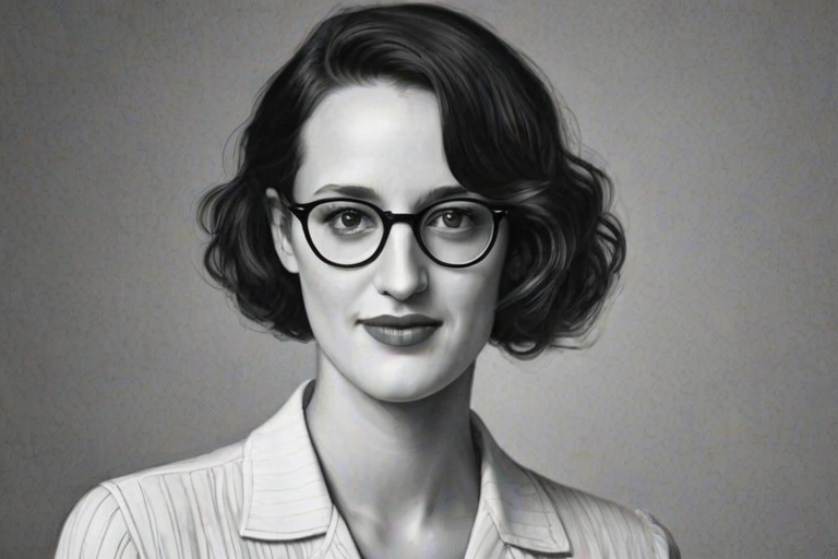 Charming Phoebe Waller-Bridge, pencil sketch, portrait of Ravishing woman 1935s in glasses, hair style beatnik, outline, clear lines, fine lines, 8k