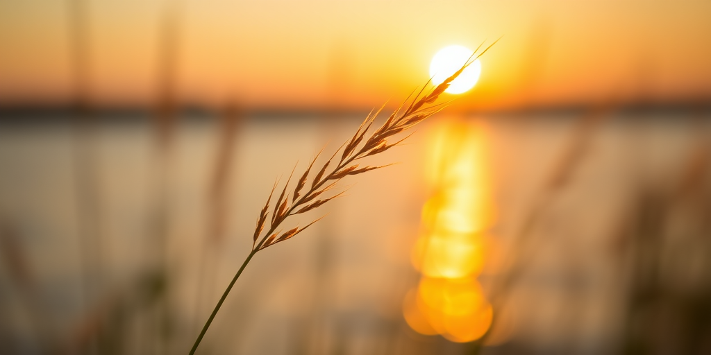 close-up of a delicate grass blade against a softly blurred water backdrop during golden hour, aperture f/1.8, shutter speed 1/250s, ISO 100, 50mm lens, shallow depth of field, DSLR camera