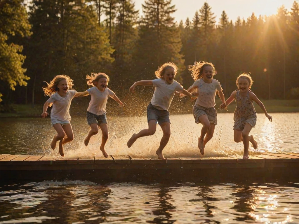 Warmly lit image of a group of children jumping into a lake from a wooden dock, soft golden light from the setting sun casting warm shadows, water splashing as they leap, and the sound of joyous screams.