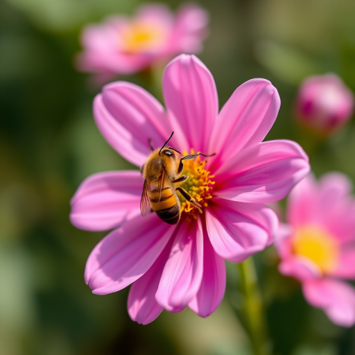 macro shot of a pink flower with a bee on it, shallow depth of field, f/2.8 aperture, 1/200 sec shutter speed, ISO 100, natural lighting, DSLR camera, close-up view
