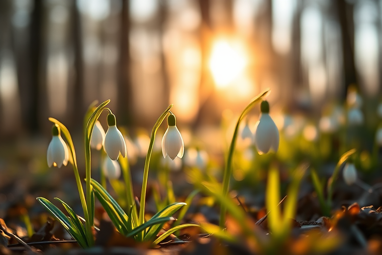 Snowdrop flowers in a sunlit forest with soft focus on the foreground, shot at f/2.8 aperture, ISO 100, 1/250s shutter speed, using a macro lens on a full-frame DSLR camera with a golden hour backlighting effect.