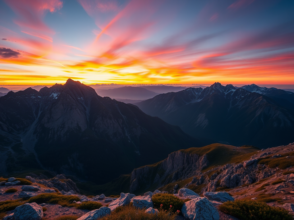 Create a high-resolution image of a serene mountain landscape during sunrise with vibrant colors in the sky, using a Canon EOS R5 with a 24-70mm f/2.8 lens, aperture set at f/11, ISO 100, shutter speed 1/60 seconds, shot from a low angle to capture the foreground detail and wide angle to take in the expansive view.