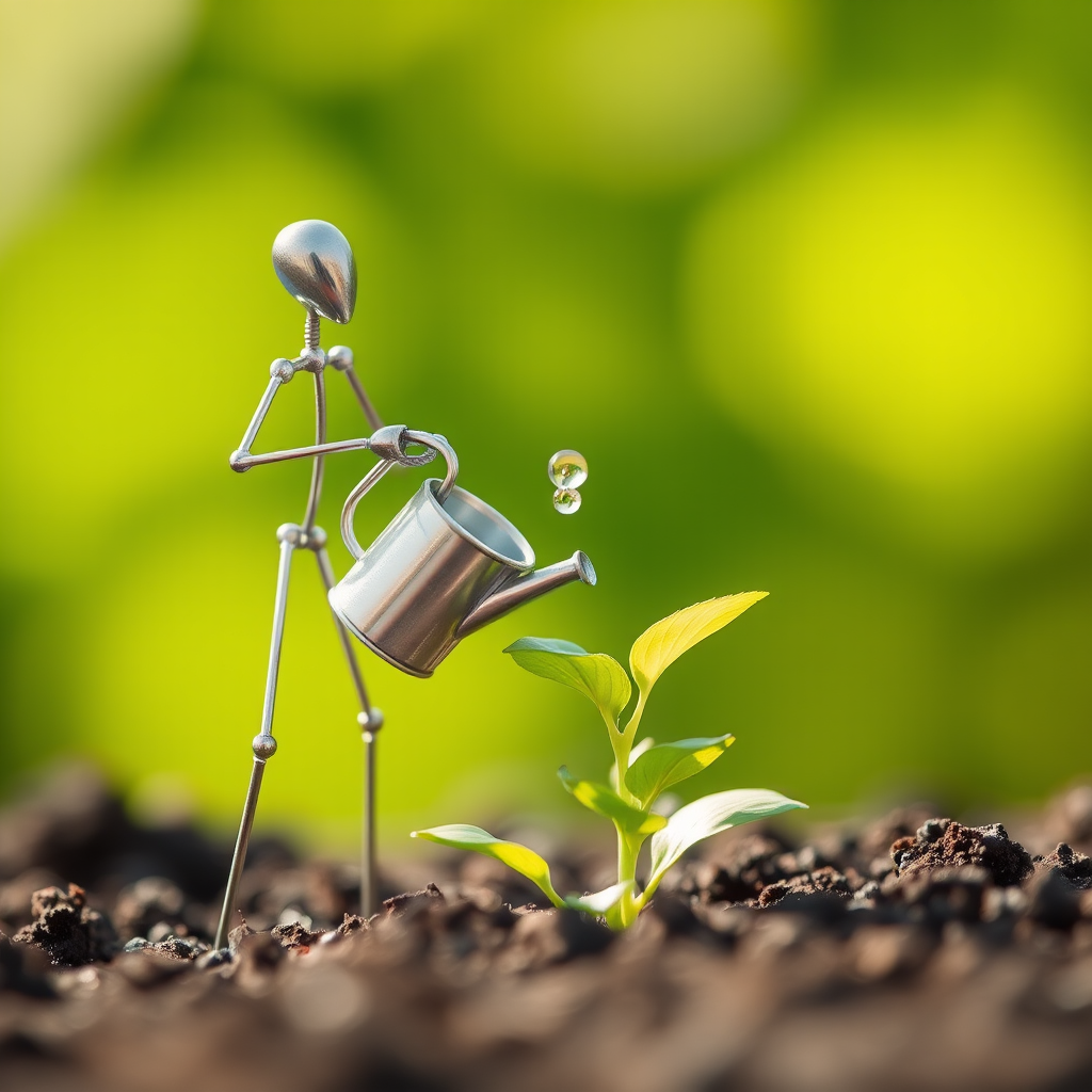 A metal figurine of a person, constructed from thin, silver rods, stands on the left side of the image, facing the viewer. The figurine is holding a small watering can and pouring water onto a young plant, with a few droplets in the air. The plant, with lush green leaves, is situated in the center, growing from dark soil. The background is a soft, out-of-focus blur of green, illuminated by warm, natural light.  The composition creates a sense of depth and intimacy. The image evokes feelings of growth, nurture, and hope.