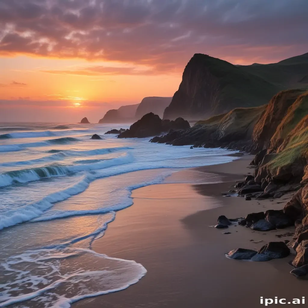 Serene Sunset Over Rugged Cliffs and Gentle Ocean Waves at Dusk