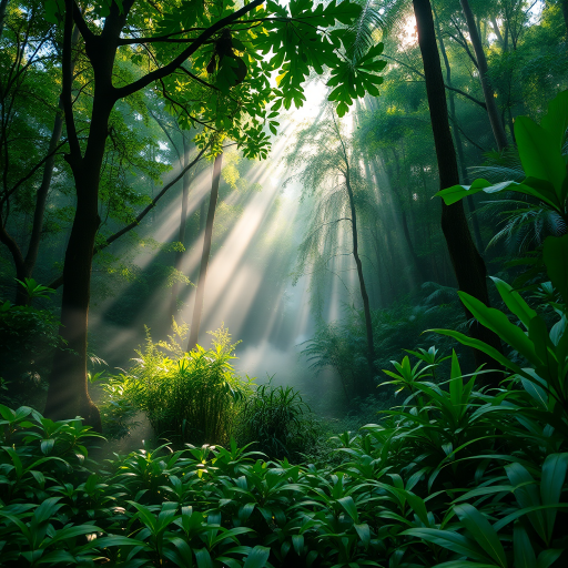 Create a lush tropical forest scene with vibrant green foliage, mist rising from the ground, and dappled sunlight filtering through the trees, captured with a Canon EOS R5, 24mm lens, f/2.8 aperture, 1/60s shutter speed, ISO 200, in natural lighting for enhanced depth and clarity.