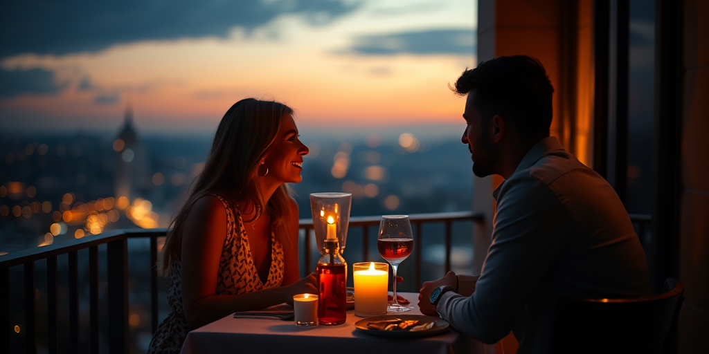 Warm, intimate image of a couple sharing a quiet dinner on a candlelit balcony, soft glow from the candles casting warm shadows on their faces, distant city lights twinkling below, and the smell of fresh herbs and grilled food in the air.