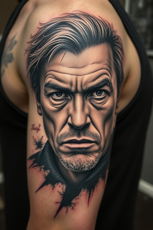 Photorealistic black and gray portrait tattoo on the bicep, capturing every nuance of expression and texture, with masterful shading and contrast to bring the subject to life
