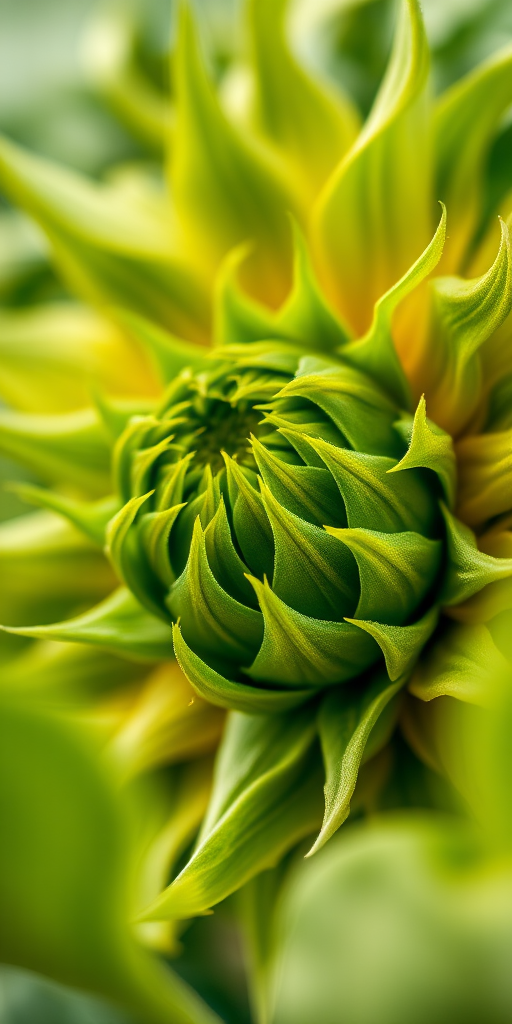 macro shot of a green sunflower bud surrounded by lush foliage, shallow depth of field, ISO 100, f/2.8, 50mm lens, natural light, DSLR camera