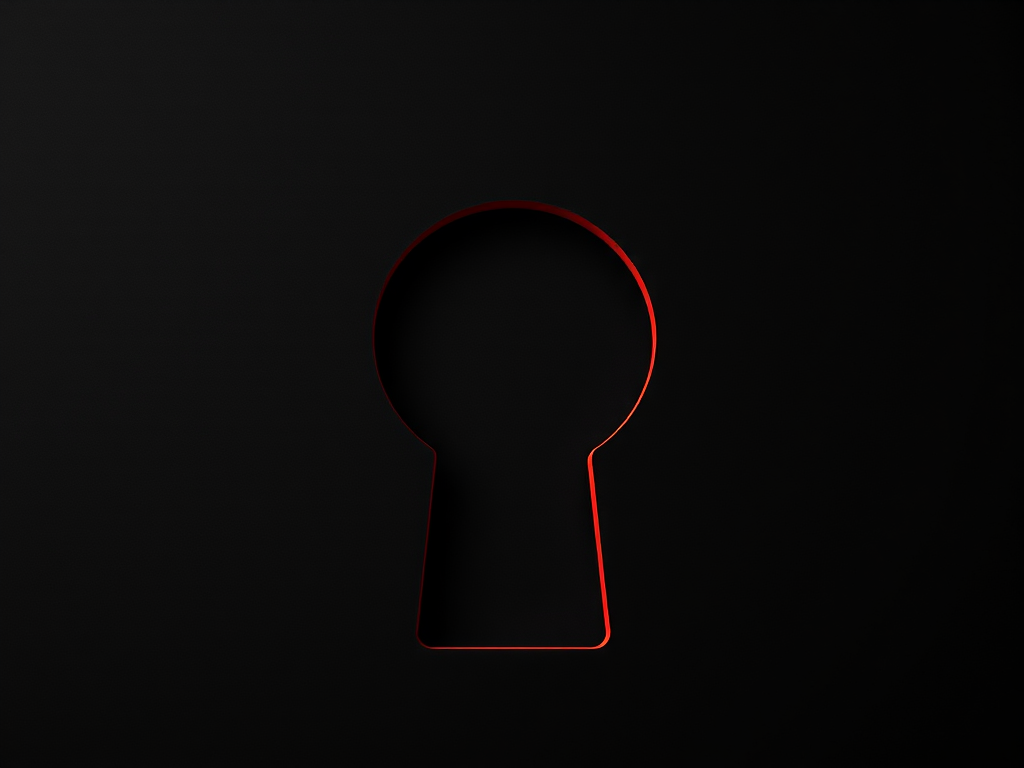 Generate an image of a red keyhole shape on a solid black background, using a DSLR camera, 50mm lens, aperture f/2.8, ISO 100, and a shallow depth of field for enhanced clarity and contrast.
