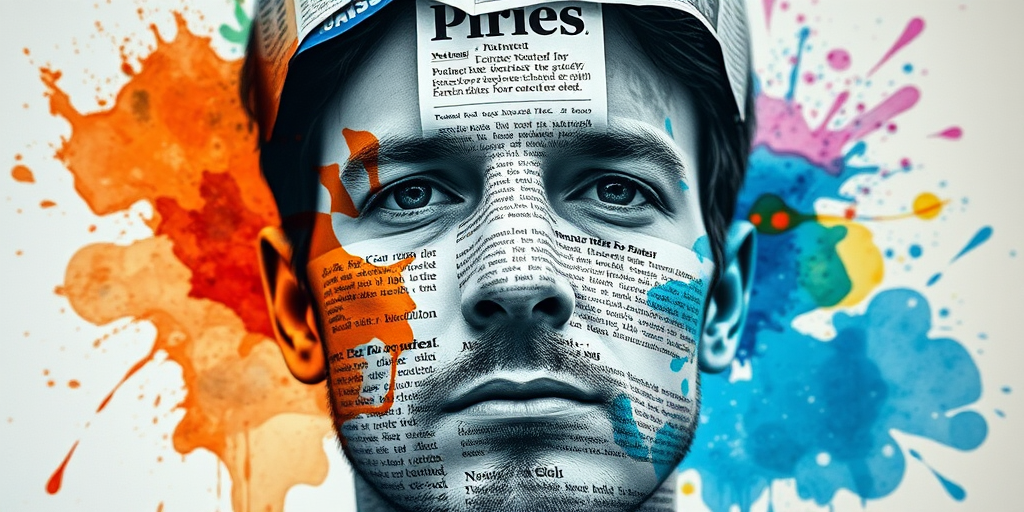 Create an abstract portrait of a faceless man made of overlapping newspaper clippings and vibrant watercolor splashes, using a DSLR camera with a 50mm lens at f/1.8, ISO 200, 1/125 sec shutter speed, maintaining a shallow depth of field to enhance colors and textures.