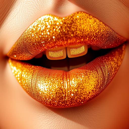 Glittery gold lips with a sparkling finish, named "Golden Hour," showcase a luxurious, light-catching effect and warm undertones for a glamorous look
