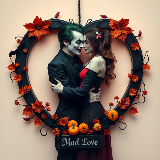 The Joker, neat, wearing a black suit and a beautiful Harley Quinn with long hair, both romantic, hugging and cuddling in the middle of a neon linen black heart frame decorated with dead leaves, bats, and small pumpkins, with a label at the bottom that reads 'Mad Love' made of linen, in a photo realistic style.