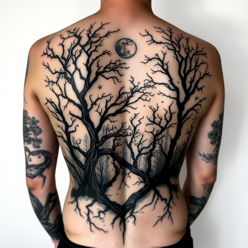 Ethereal blackwork tattoo adorning the entire back depicting a haunting forest scene with twisted trees and a crescent moon silhouetted against a starry night sky bold contrasts and fine details