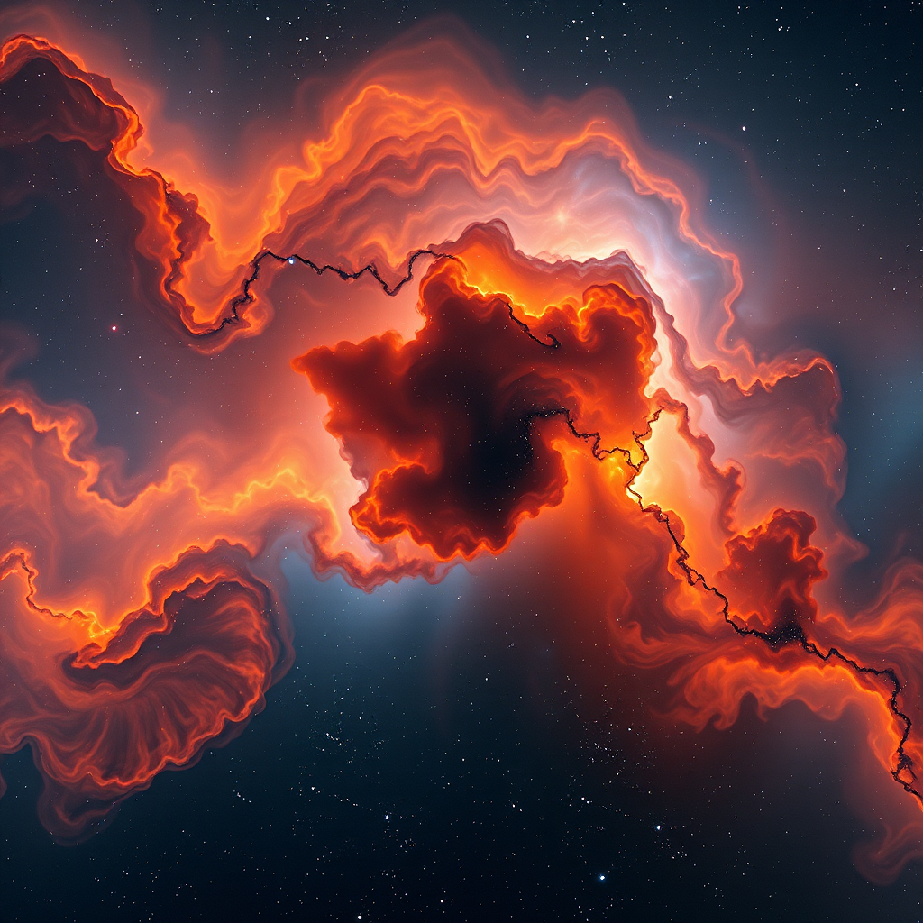 Create a high-resolution image of a vibrant cosmic scene with swirling nebulae in orange, blue, and white hues, captured using a DSLR camera at ISO 100, f/8 aperture, 1/200 sec shutter speed, wide-angle lens, and a panoramic view for enhanced depth and detail.