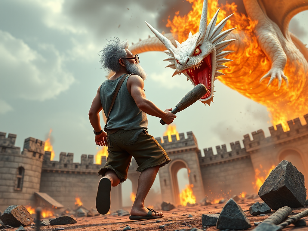 Cartoon 3D High-Resolution,dynamic battle scene using Unreal Engine 5 and Octane Render. The scene features back of an elderly, thai man with a beard,messy hair and round golden-rimmed glasses. He is wearing a tattered tank top with soot marks, shorts, and sandals. sweating. he wields a baseball bat. He jump to fight with a white fire-breathing Europe dragon amidst a partially destroyed stone castle. Include intense flames, smoke, and debris to enhance the dramatic effect.