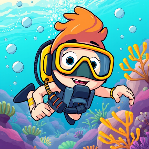 Create a vibrant illustration of a cartoon-style scuba diver underwater, using a Canon EOS 5D Mark IV camera, settings at ISO 100, f/8 aperture, 1/125 shutter speed, wide-angle view, and in a bright, colorful digital art style.