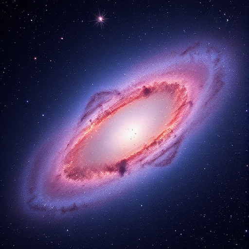 Create a high-resolution image of a vibrant galaxy, featuring deep purples and blues with a bright center, using a DSLR camera with a 24mm lens, f/2.8 aperture, ISO 400, 30-second exposure, shot from a stable tripod for enhanced clarity and detail.