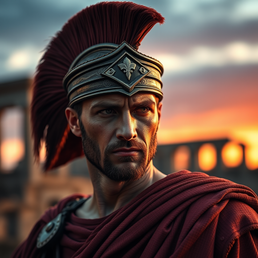 regenerate the image of a Roman soldier with a serious expression in a dramatic sunset background, using a Canon EOS R5 camera, settings: ISO 100, f/1.8, shutter speed 1/125, portrait view, with a soft focus style to enhance depth and clarity