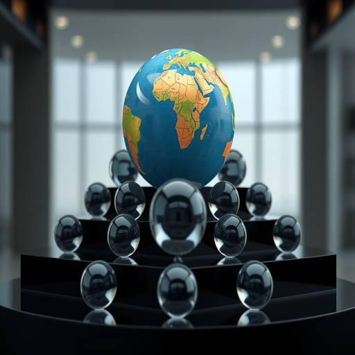 Create a high-resolution 3D render of a globe on top of transparent glass spheres arranged on a sleek black tiered structure, using a Canon EOS R5 camera with a 24mm f/1.4 lens, ISO 100, aperture f/8, and a slight tilt-shift effect to enhance depth.
