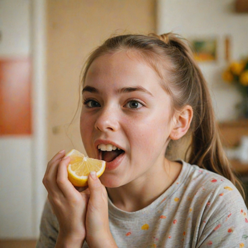 A candid photograph of a young girl biting into a slice of lemon. Her face is scrunched up from the sour taste, capturing a moment of surprise and playfulness. She has light brown hair, tied back in a ponytail, and wears a casual, colorful top. The background is softly blurred, keeping focus on her expression and the lemon slice. Natural lighting illuminates her face, highlighting her reaction with a soft, warm tone. The image has a bright and cheerful atmosphere, with a high contrast. The photo was captured with a 50mm lens and shot on Kodak Portra 160 film.