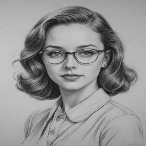 Magnificent Haley Ramm, pencil sketch, portrait of Elegant woman 1939s in glasses, hair style beatnik, outline, clear lines, fine lines, 8k