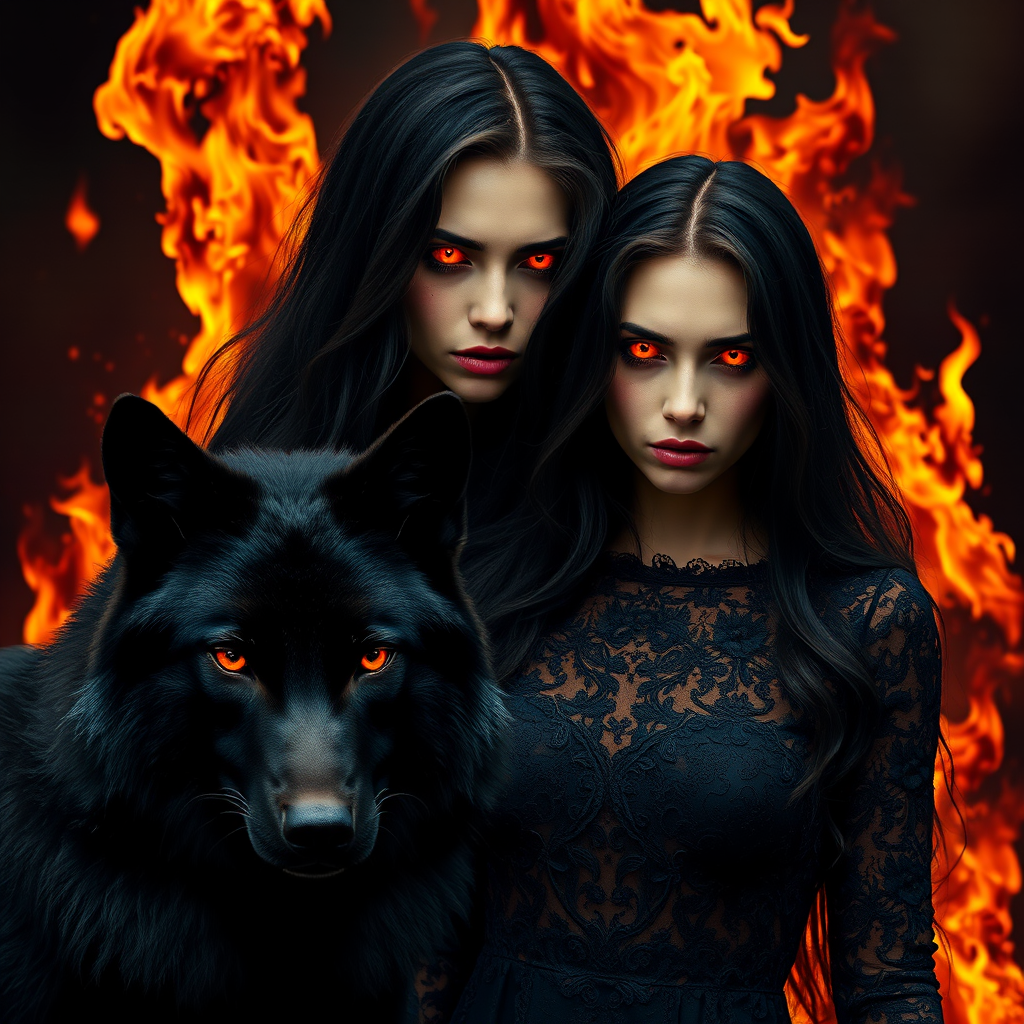 A woman with long dark hair, wearing a black lace dress that seamlessly blends into her skin with intricate floral patterns. She is in the foreground, with a black wolf beside her; its fur is midnight black, and it has glowing, intense, orange eyes that match hers. Her eyes are partially closed with burning embers above them, giving a fiery and mystical aura. The background is engulfed in tall, roaring flames, contributing to an overall dark and supernatural atmosphere. The colors are intense, predominantly black, fiery orange, and deep reds, with sharp contrast highlighting the mysterious and fierce theme. The flames are bright and dynamic, casting dramatic light and shadow, illuminating the woman and wolf while leaving parts in near darkness. The image evokes a sense of otherworldly power and connection between the woman and the wolf.