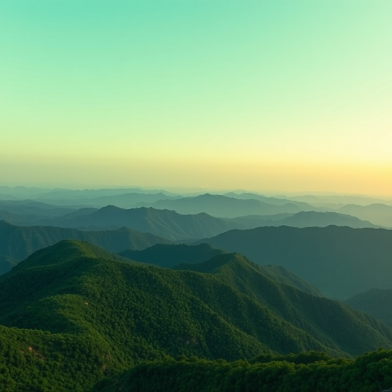 Generate a high-resolution landscape image of layered green mountains under a soft green sky with a focal length of 35mm, aperture set to f/8, ISO 100, using a DSLR camera style for enhanced detail and depth.