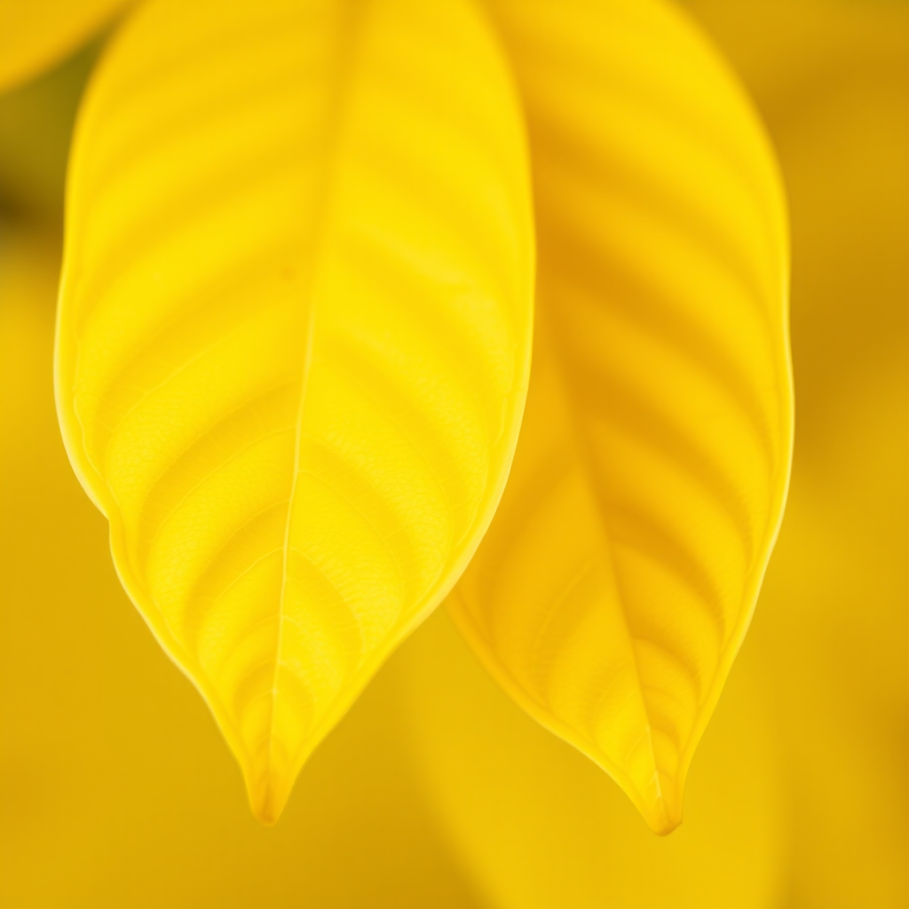 Create a high-resolution digital illustration of two vibrant yellow leaves with smooth curves and clear outlines, captured in a close-up view using a DSLR camera at f/2.8 aperture, ISO 100, and a focal length of 50mm with natural light for enhanced color saturation and detail.