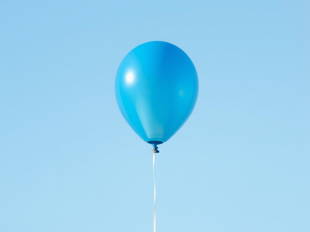 create a high-resolution image of a blue balloon floating with a plain background, using a 50mm lens, f/2.8 aperture, ISO 100, and 1/200 shutter speed, front view, in soft natural lighting
