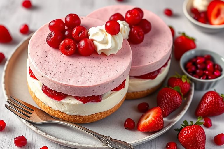 A beautiful dessert display featuring two round layered cakes with a pink berry mousse top and a creamy white bottom layer sitting on a plate with a textured edge. The cakes are garnished with fresh strawberries, a dollop of whipped cream, and red currants. Around the plate are scattered strawberries and a small bowl of pomegranate seeds, along with a vintage silver spoon placed beside the plate, creating an inviting and elegant presentation.
