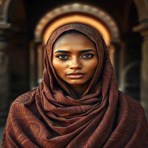 Portrait of a woman with intricate wrappings and a serene expression, surrounded by stone arches, captured with a Canon EOS R5, 85mm f/1.2 lens, natural soft light, ISO 100, aperture priority mode, focusing on sharp details and rich textures.