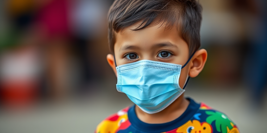 portrait of a young child wearing a mask in a colorful shirt with a blurred background, shot with a DSLR camera at f/2.8, 50mm lens, ISO 200, 1/500s, natural light, shallow depth of field, soft bokeh effect